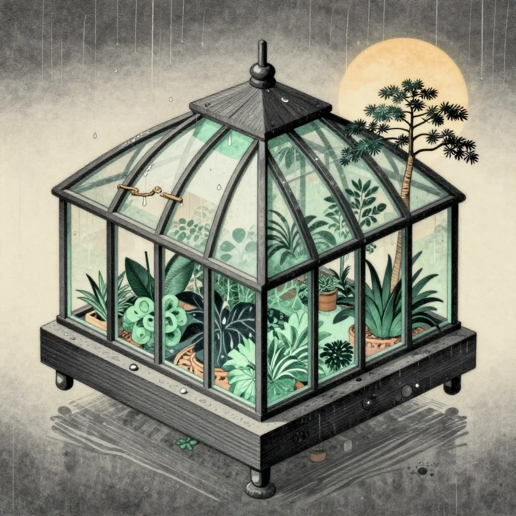 a floating botanical conservatory after warm summer rain, Japanese woodblock-inspired editorial art, careful geometric c