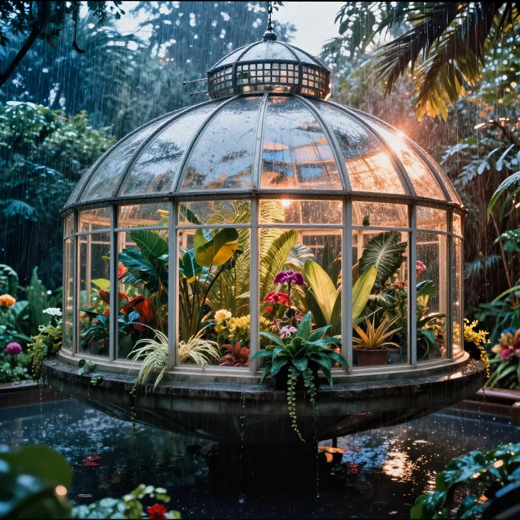 a floating botanical conservatory after warm summer rain, high-end design magazine photography, subtle film grain, cobal