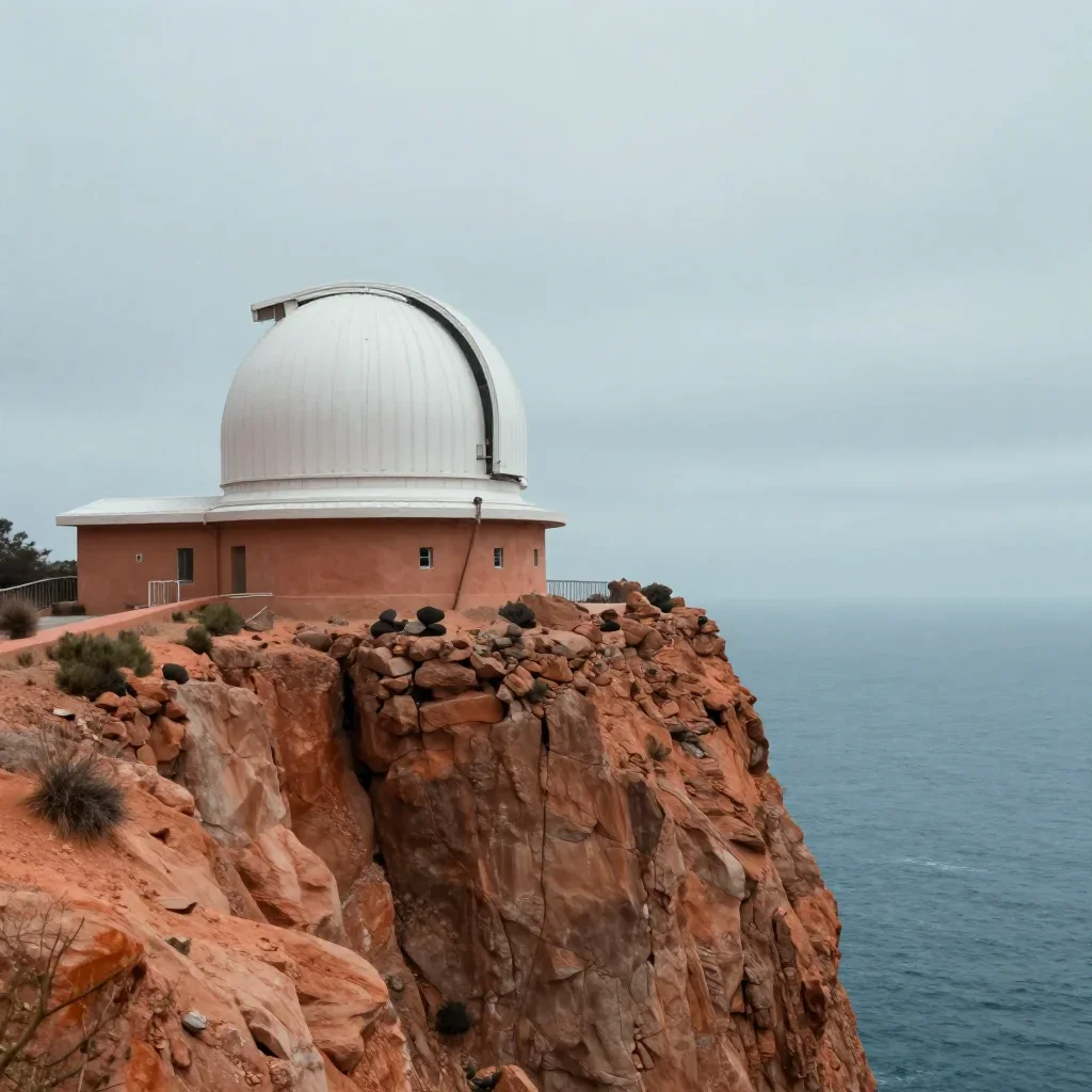 a cliffside observatory under overcast coastal light, quiet science-fiction concept art, restrained color harmony, terra