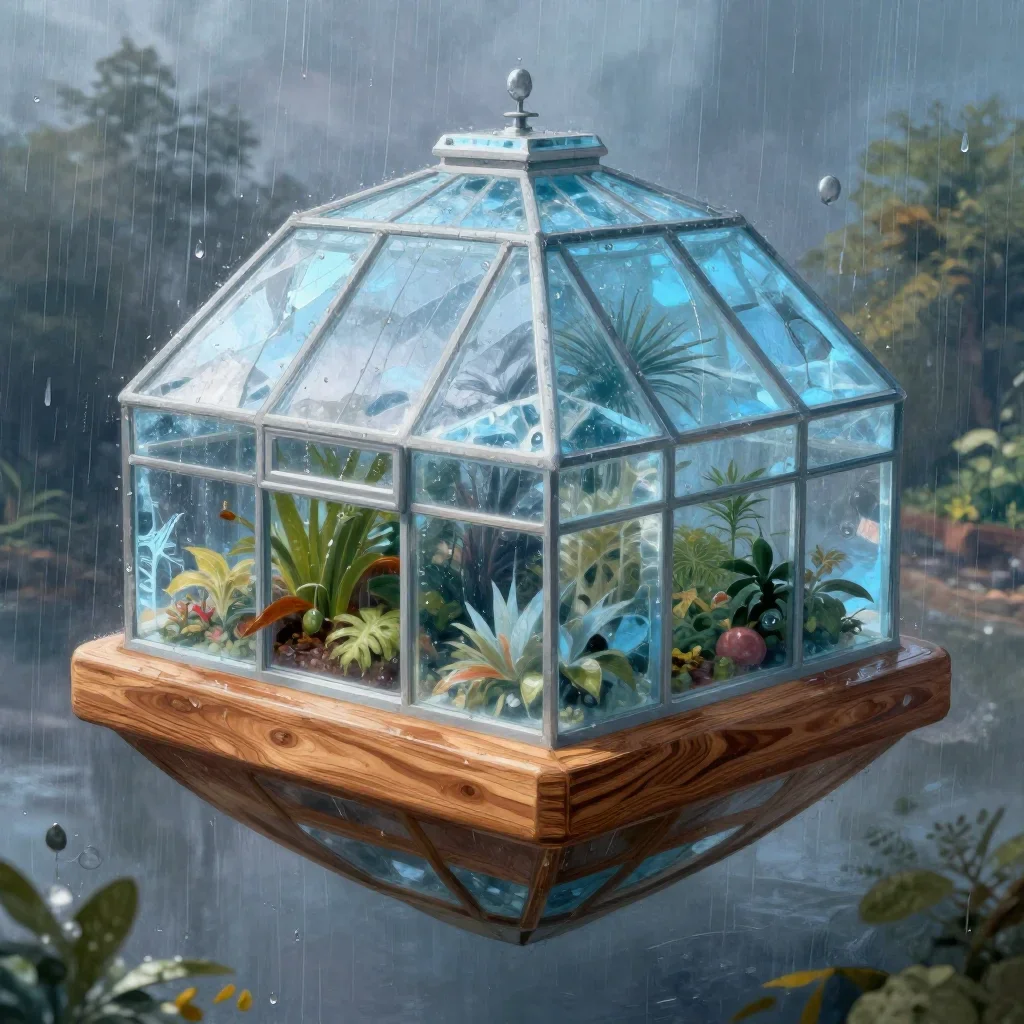 a floating botanical conservatory after warm summer rain, quiet science-fiction concept art, careful geometric compositi