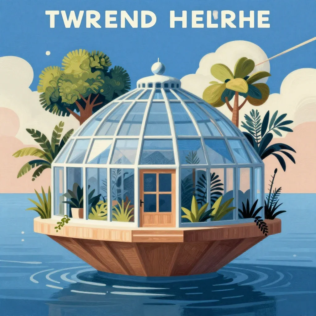 a floating botanical conservatory in a gentle sea breeze, modernist poster illustration, careful geometric composition, 