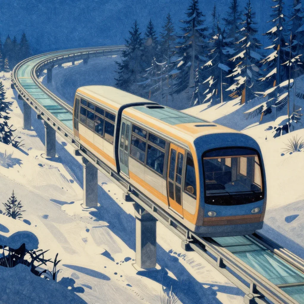 a glass monorail in crisp winter sunlight, Japanese woodblock-inspired editorial art, careful geometric composition, cob