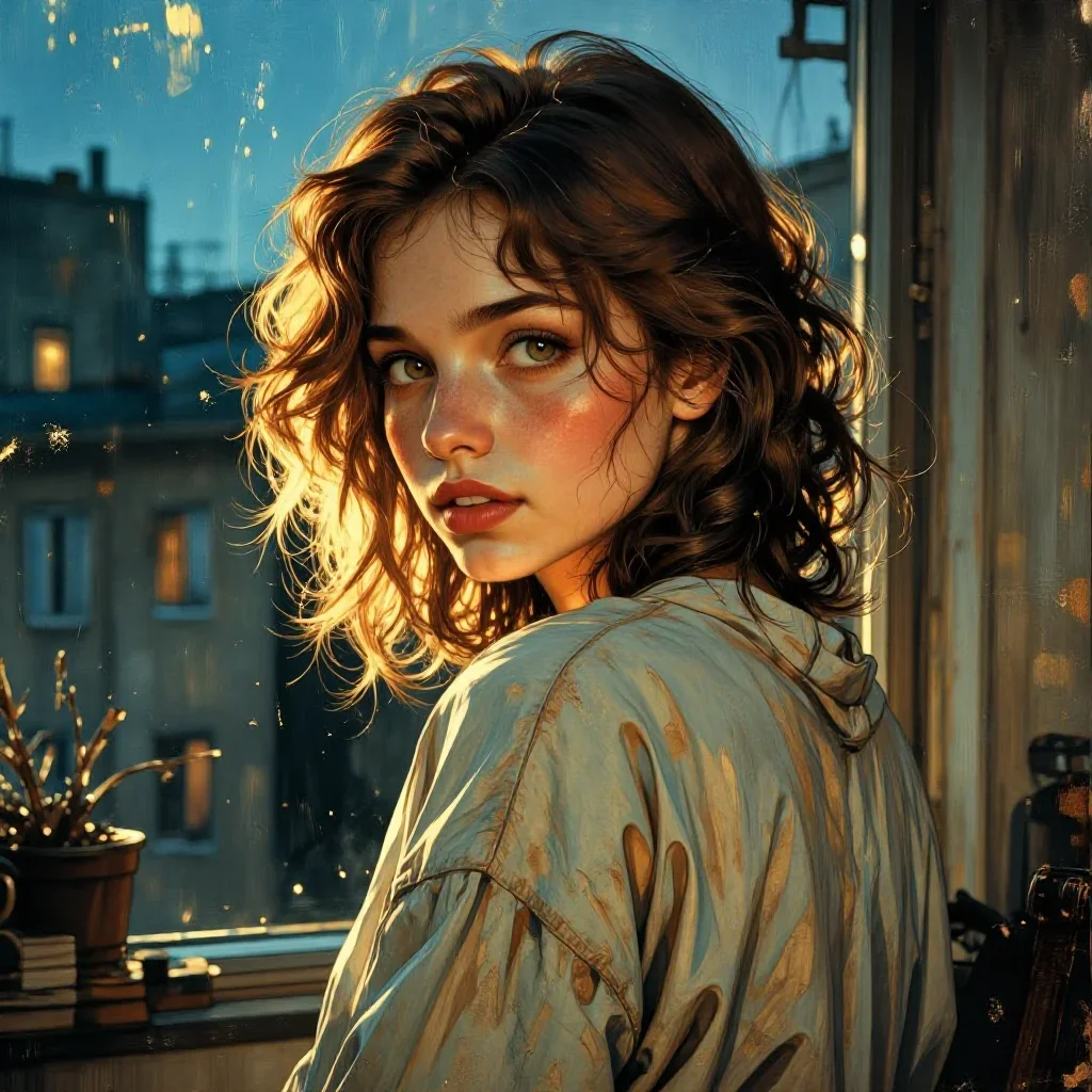 a striking woman with a smoldering over-the-shoulder gaze mid-turn with fabric catching the light, in a blue-hour city a