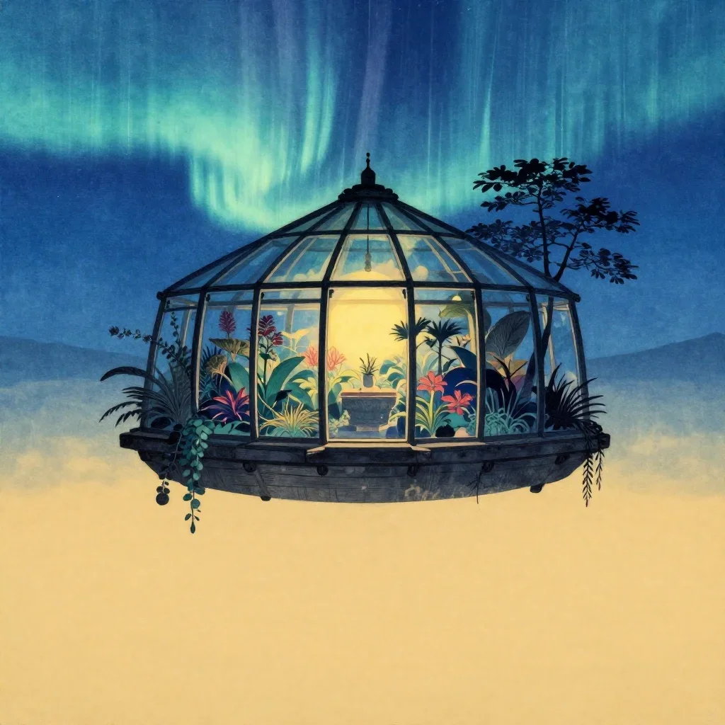 a floating botanical conservatory beneath an aurora, Japanese woodblock-inspired editorial art, calm negative space, cob