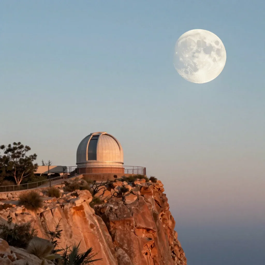 a cliffside observatory at moonrise, contemporary botanical illustration, calm negative space, terracotta and pale sky b