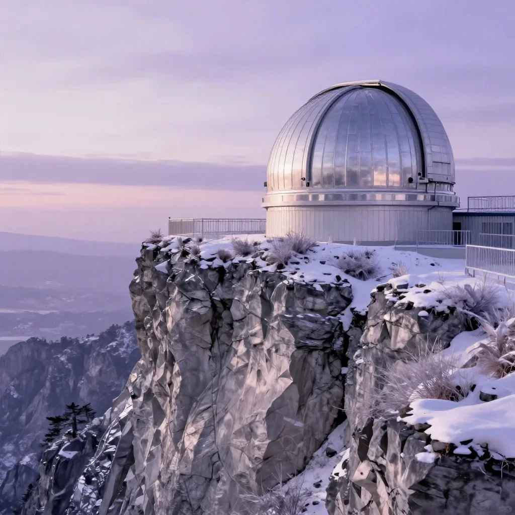 a cliffside observatory in crisp winter sunlight, dreamlike fine-art landscape photography, soft volumetric light, laven