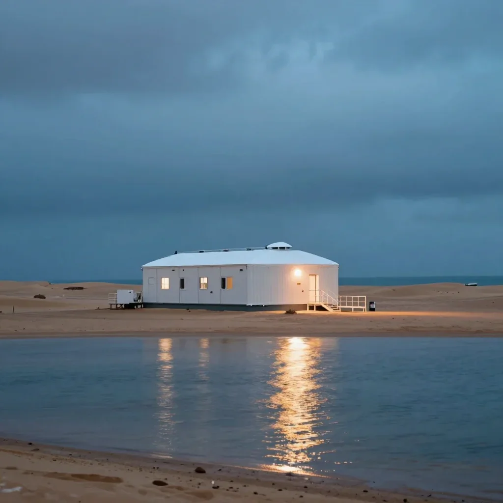a desert research station under overcast coastal light, dreamlike fine-art landscape photography, gentle reflected light