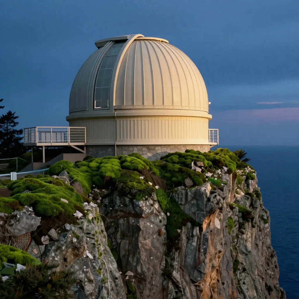 a cliffside observatory at blue hour, museum-quality still-life photography, atmospheric depth, moss green and cream pal