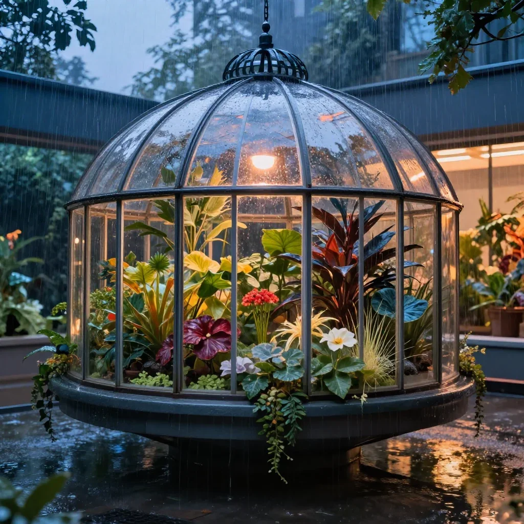 a floating botanical conservatory after warm summer rain, museum-quality still-life photography, gentle reflected light,