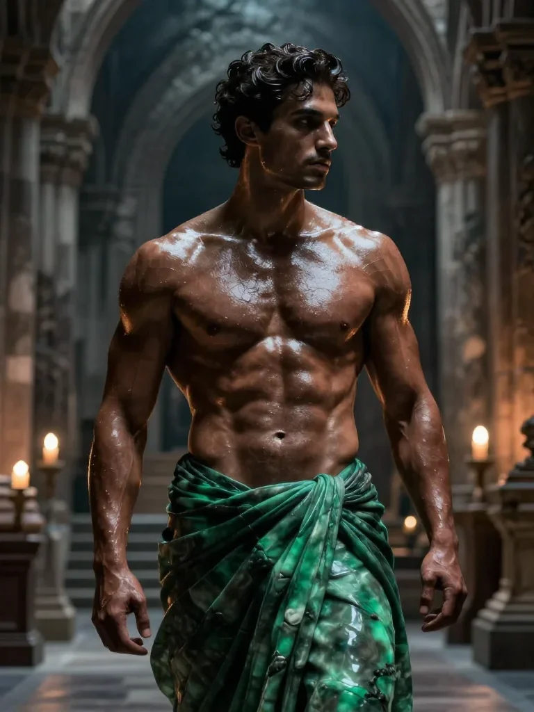 a chiseled athlete in dramatic rim light, oiled skin mid-turn with fabric catching the light, in a candle-lit cathedral 