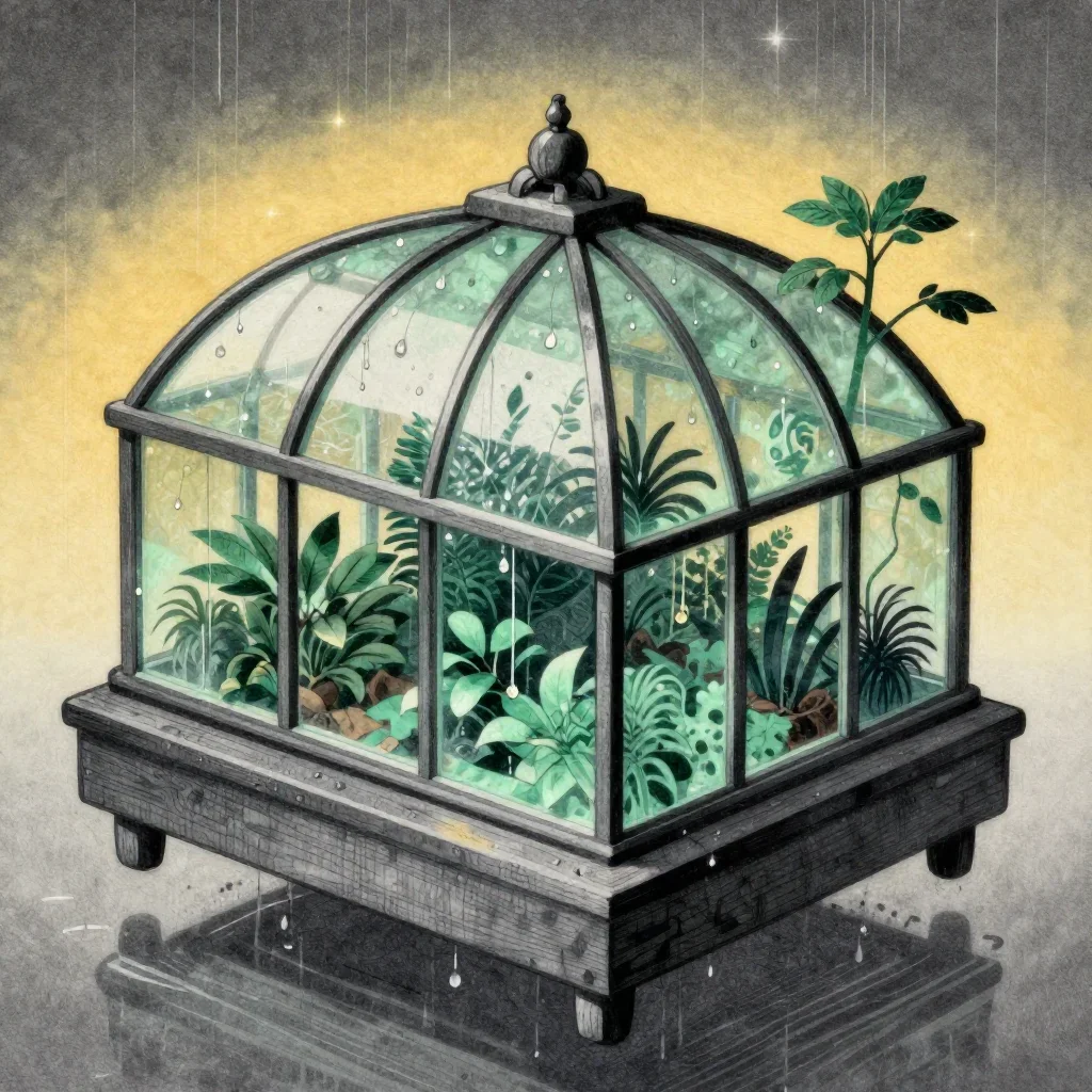 a floating botanical conservatory after warm summer rain, Japanese woodblock-inspired editorial art, crisp material deta