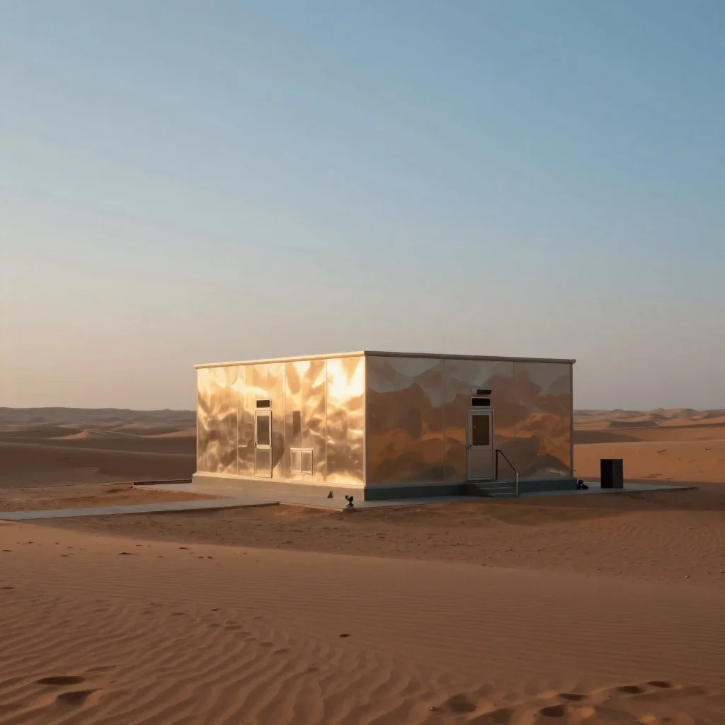 a desert research station in quiet late-afternoon haze, cinematic architectural photography, gentle reflected light, ter
