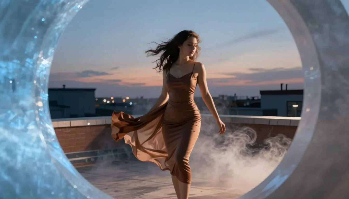 a muse on a rooftop at dusk in a body-con dress mid-turn with fabric catching the light, in a smoke-lit photo studio, dr
