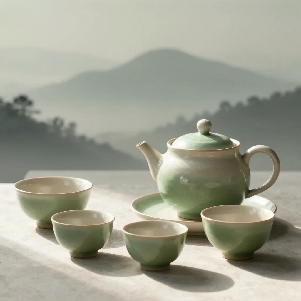 a hand-thrown ceramic tea set in quiet late-afternoon haze, high-end design magazine photography, shallow depth of field