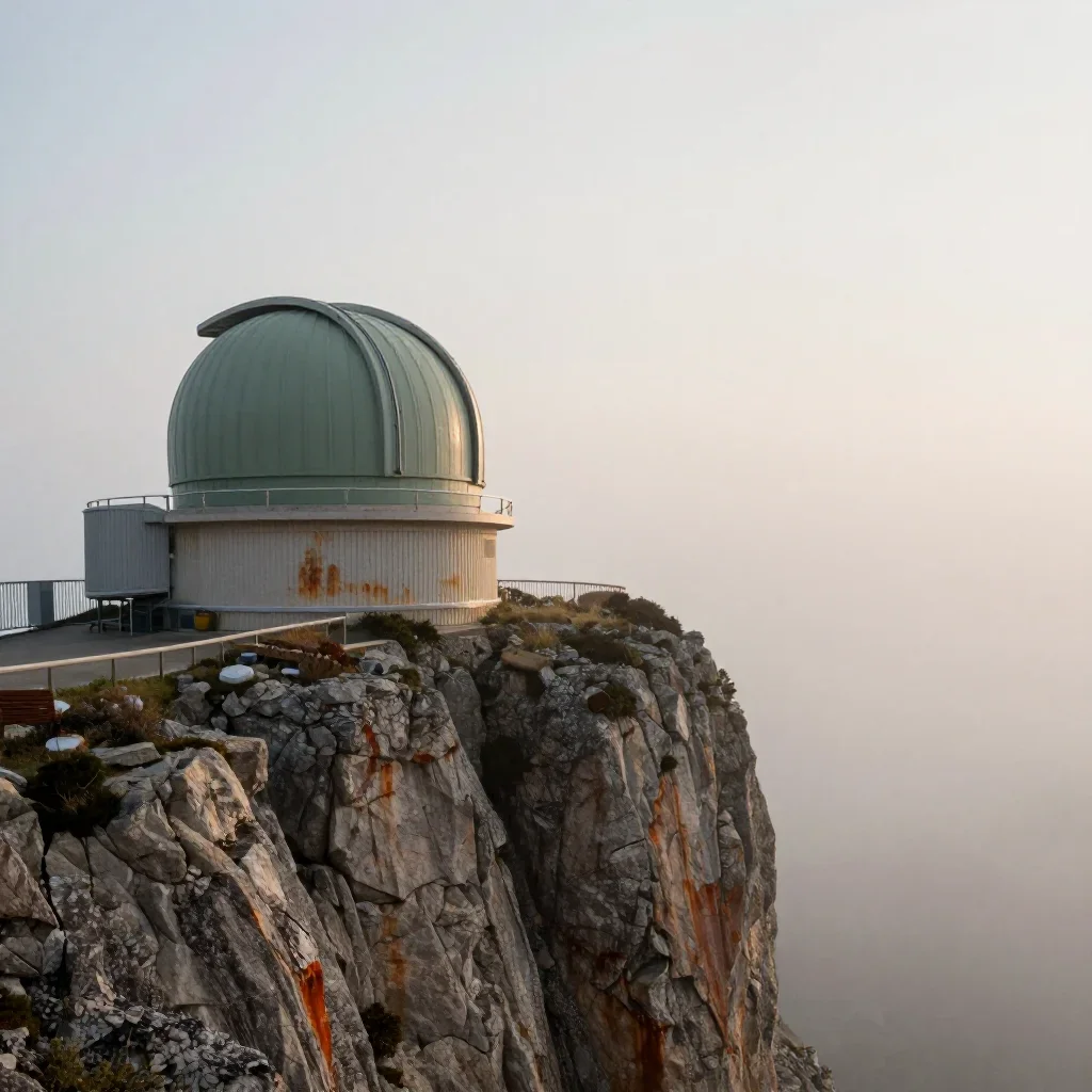 a cliffside observatory under soft dawn fog, refined editorial travel photography, clean natural textures, rust and sage