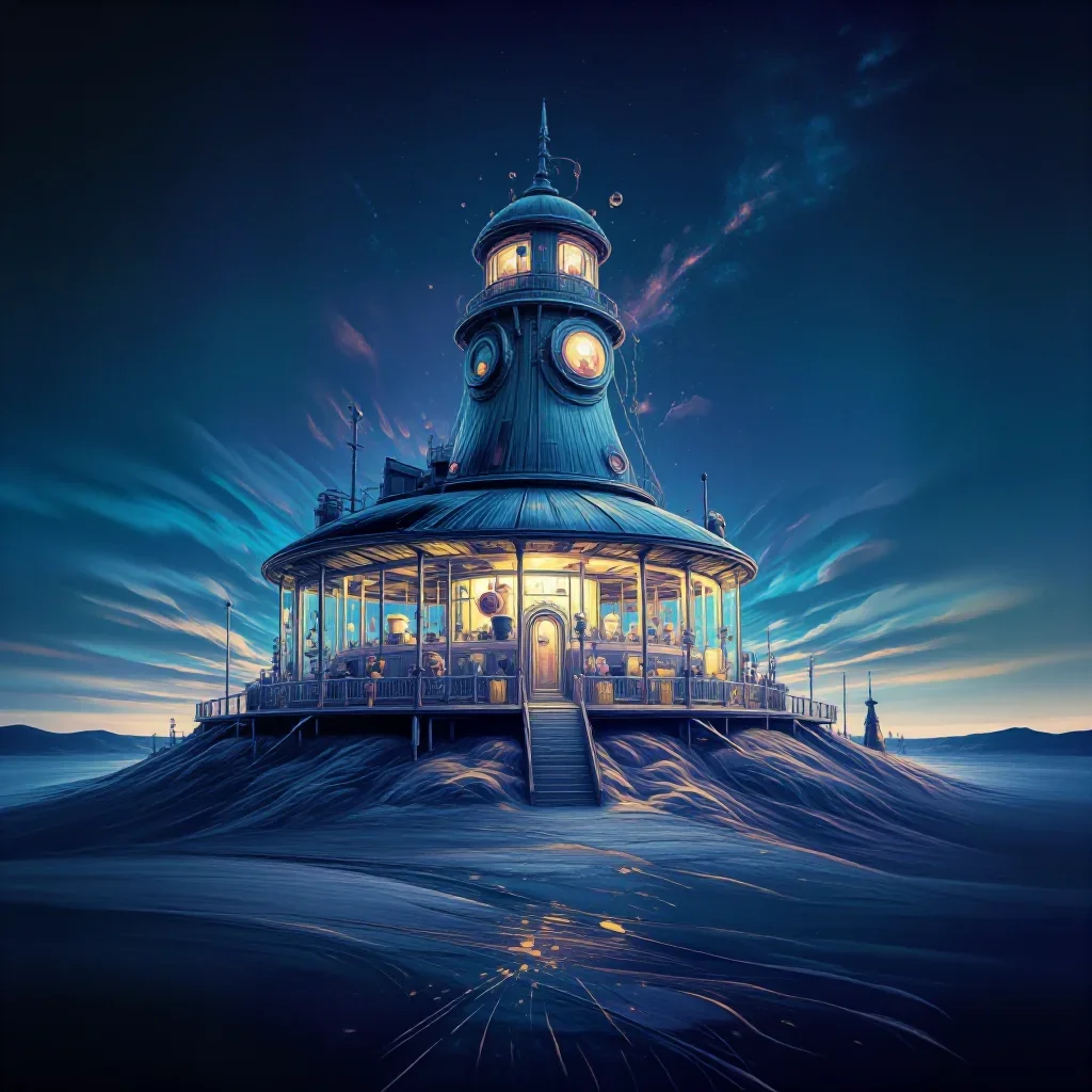 a desert research station at blue hour, Japanese woodblock-inspired editorial art, restrained color harmony, indigo and 