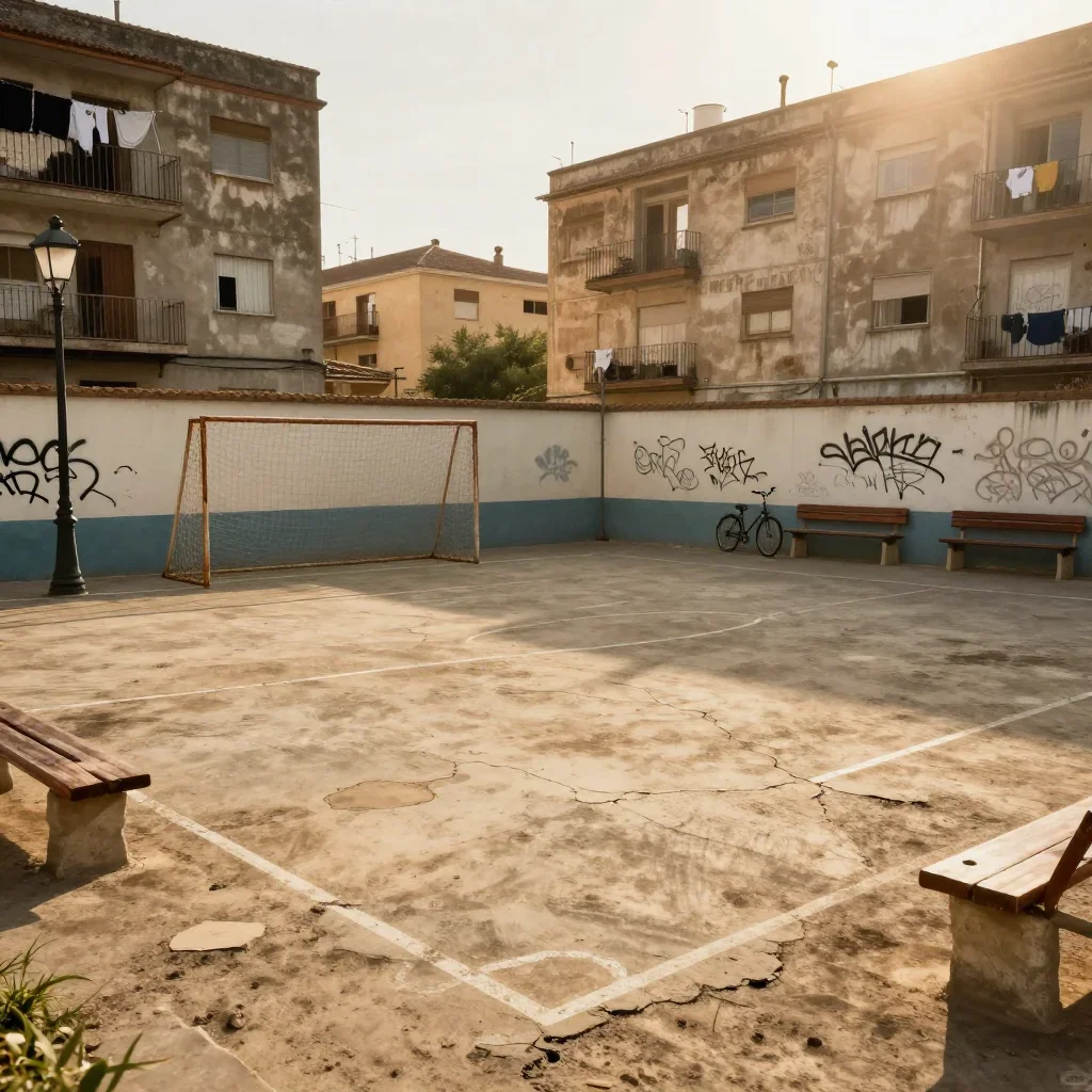 Photoreal, 8K, cinematic. An empty makeshift street football pitch in a working-class Spanish housing estate: a worn cra