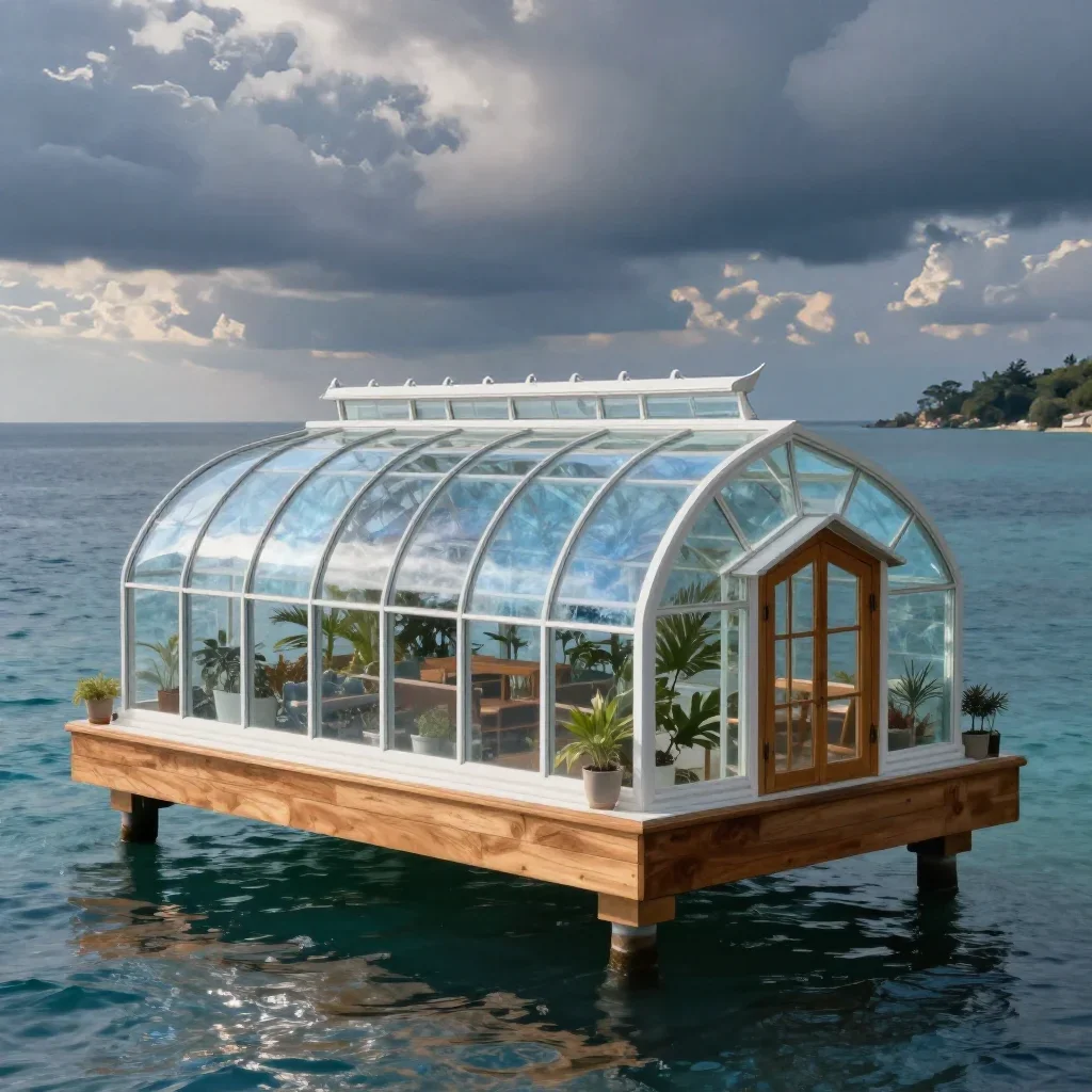 a floating botanical conservatory in a gentle sea breeze, refined editorial travel photography, crisp material detail, i