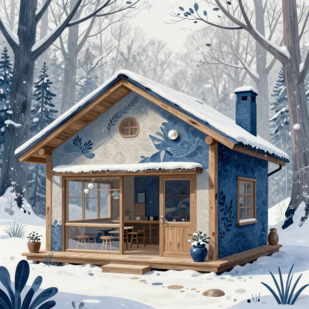 a forest tea house in crisp winter sunlight, contemporary botanical illustration, weathered tactile surfaces, indigo and