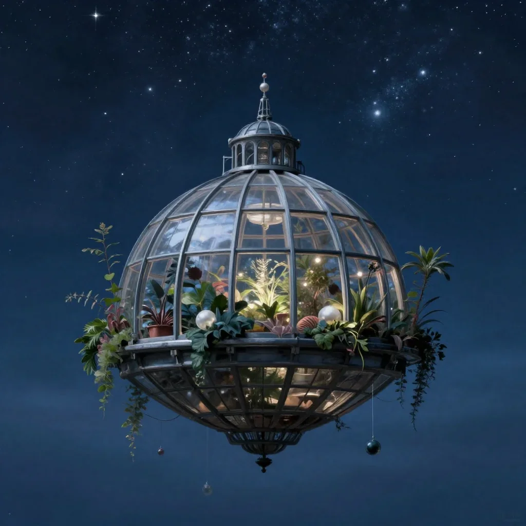 a floating botanical conservatory beneath a star-filled sky, quiet science-fiction concept art, calm negative space, ind