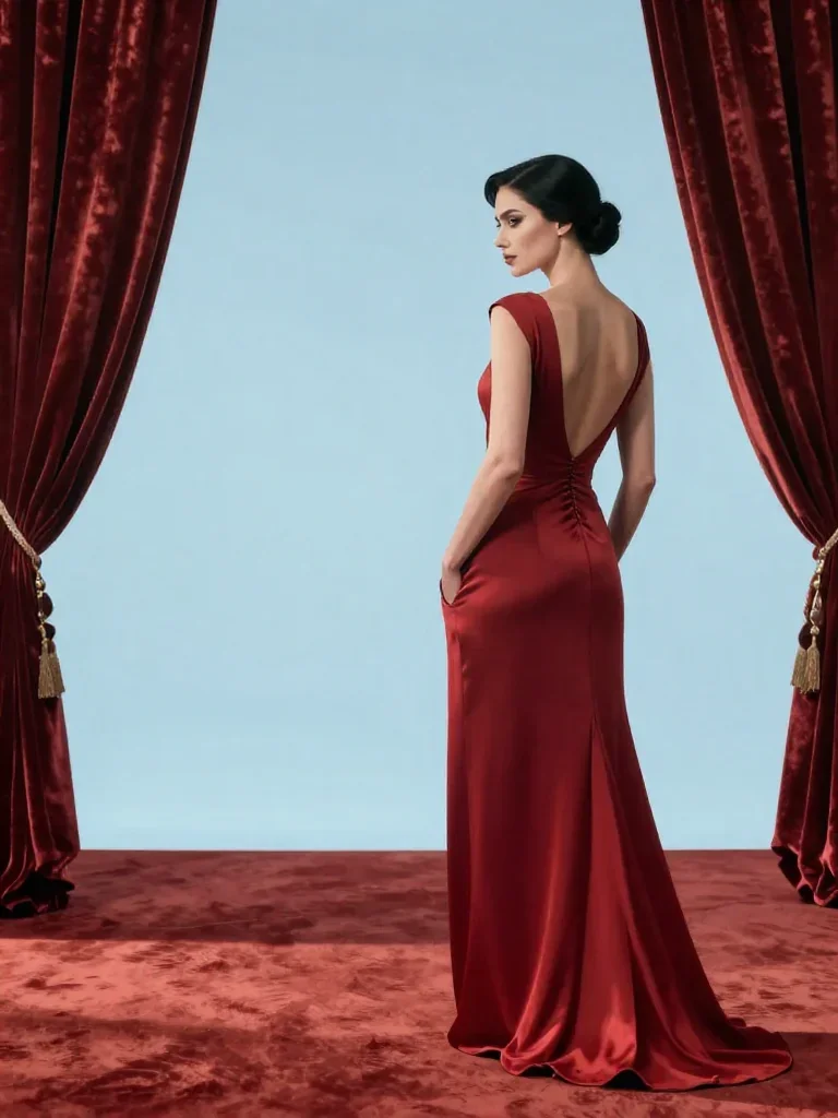 a femme fatale in a crimson backless gown standing tall with hands in pockets, in a velvet-curtained boudoir, futuristic