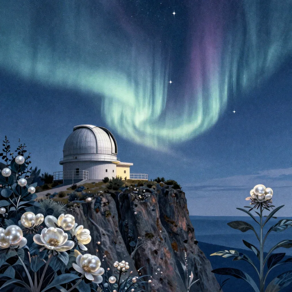 a cliffside observatory beneath an aurora, contemporary botanical illustration, subtle film grain, indigo and pearl pale