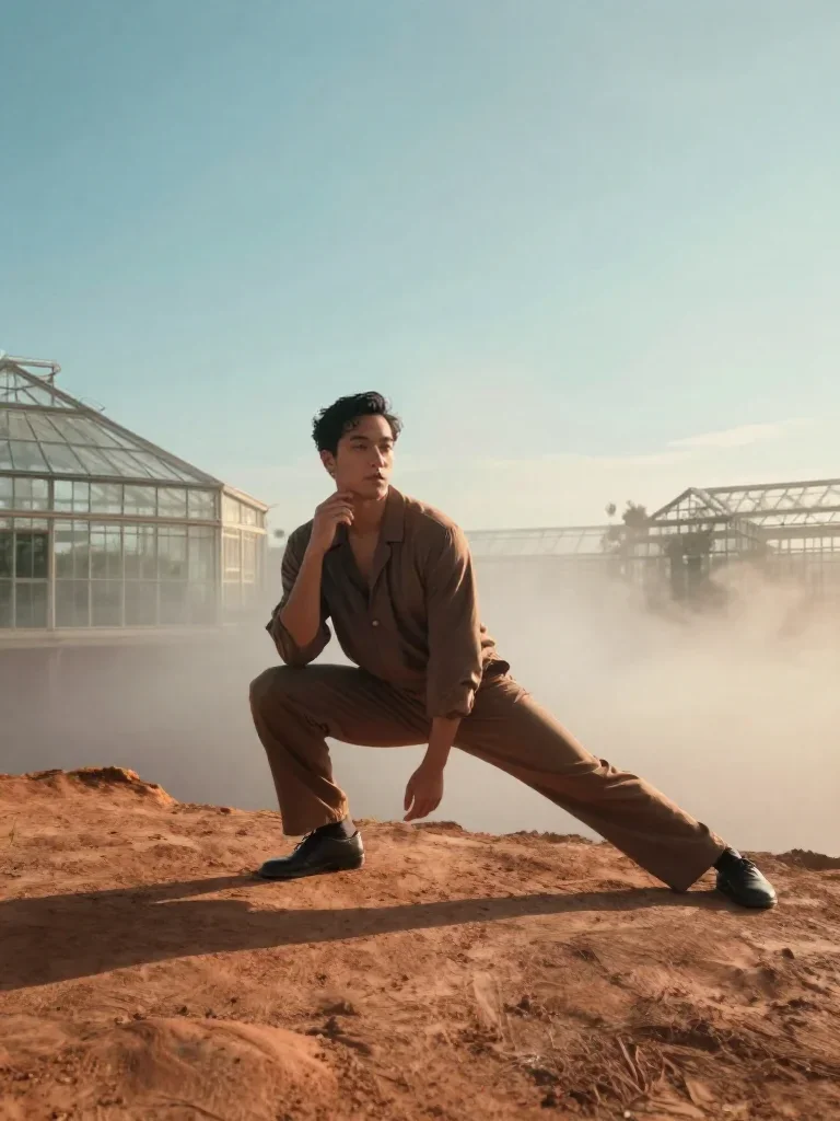 a travel influencer posing on a cliffside at golden hour in a low lunge with a lifted chin, in a greenhouse humid with m