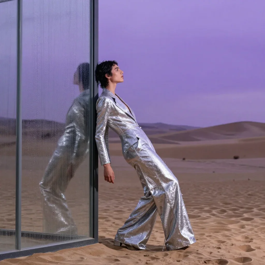 a lover leaning against rain-streaked glass in a low lunge with a lifted chin, in a silent desert at twilight, high-fash