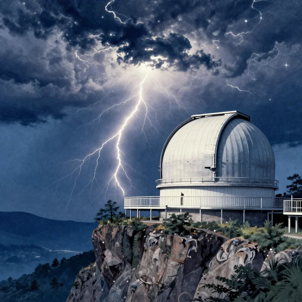 a cliffside observatory after a distant thunderstorm, Japanese woodblock-inspired editorial art, subtle film grain, indi