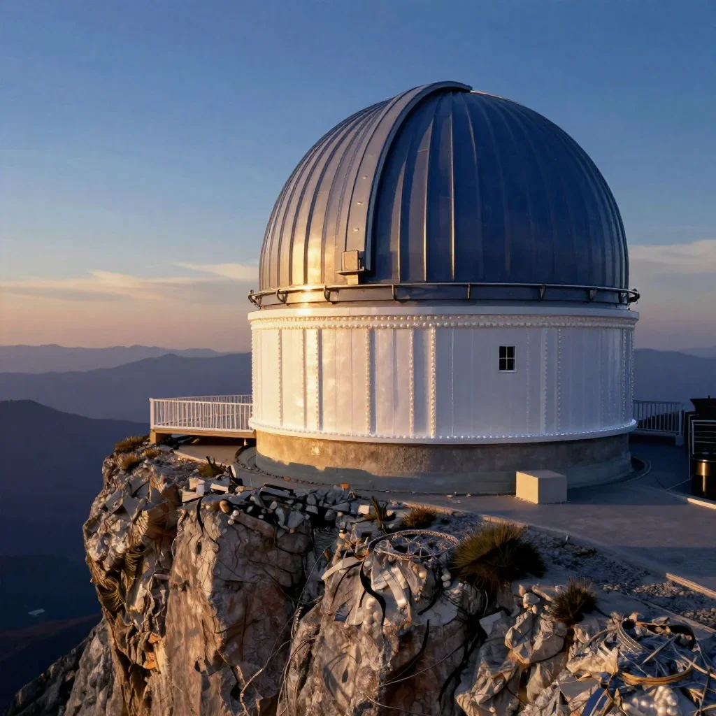 a cliffside observatory during golden hour, museum-quality still-life photography, crisp material detail, indigo and pea
