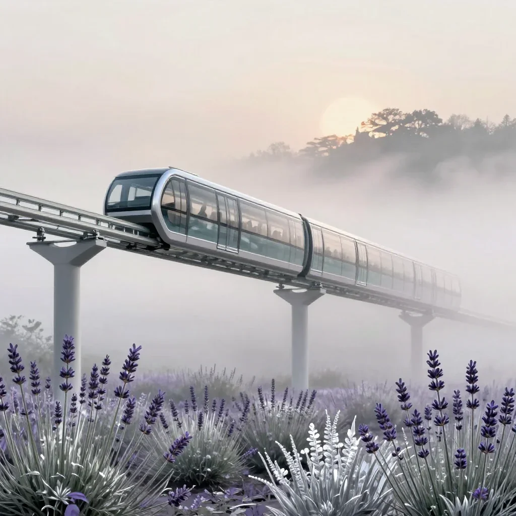 a glass monorail under soft dawn fog, contemporary botanical illustration, clean natural textures, lavender and silver p