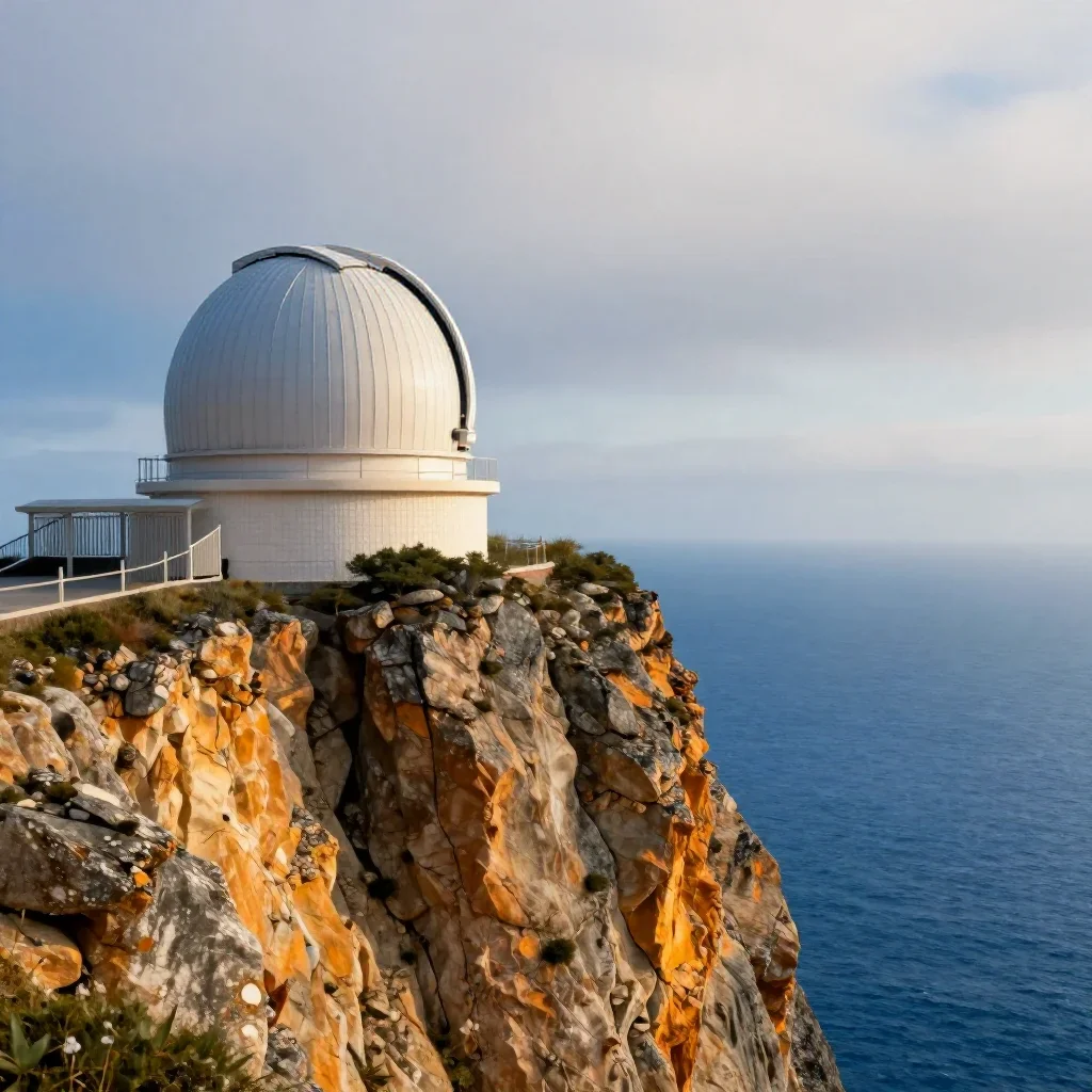 a cliffside observatory under overcast coastal light, high-end design magazine photography, restrained color harmony, co