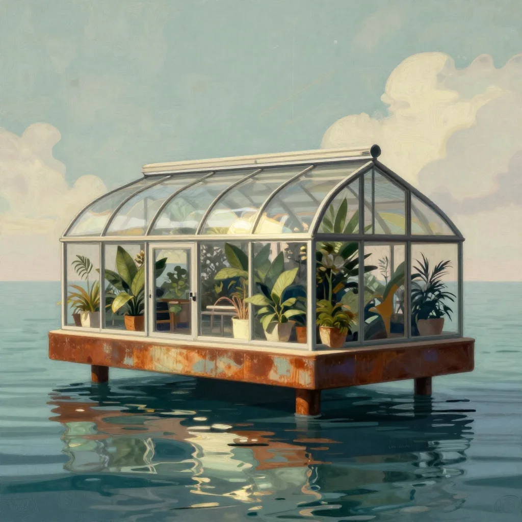 a floating botanical conservatory in a gentle sea breeze, modernist poster illustration, gentle reflected light, rust an