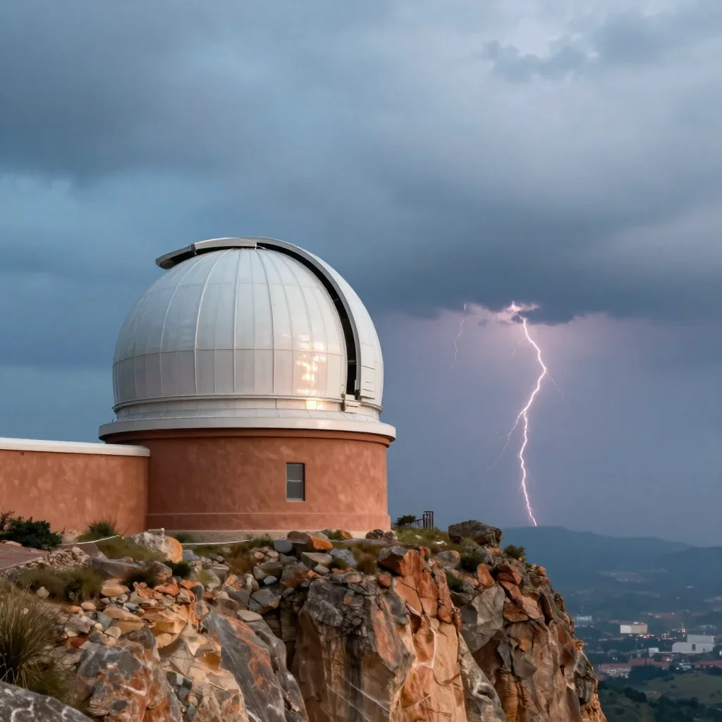 a cliffside observatory after a distant thunderstorm, cinematic architectural photography, gentle reflected light, terra