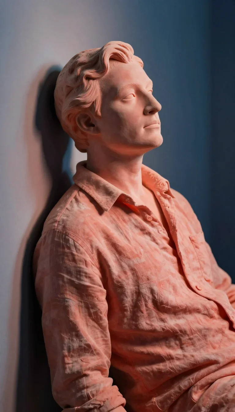 a sculptor at rest in a linen shirt, dust-hazed in a wind-swept lean against a wall, in a smoke-lit photo studio, Vogue-