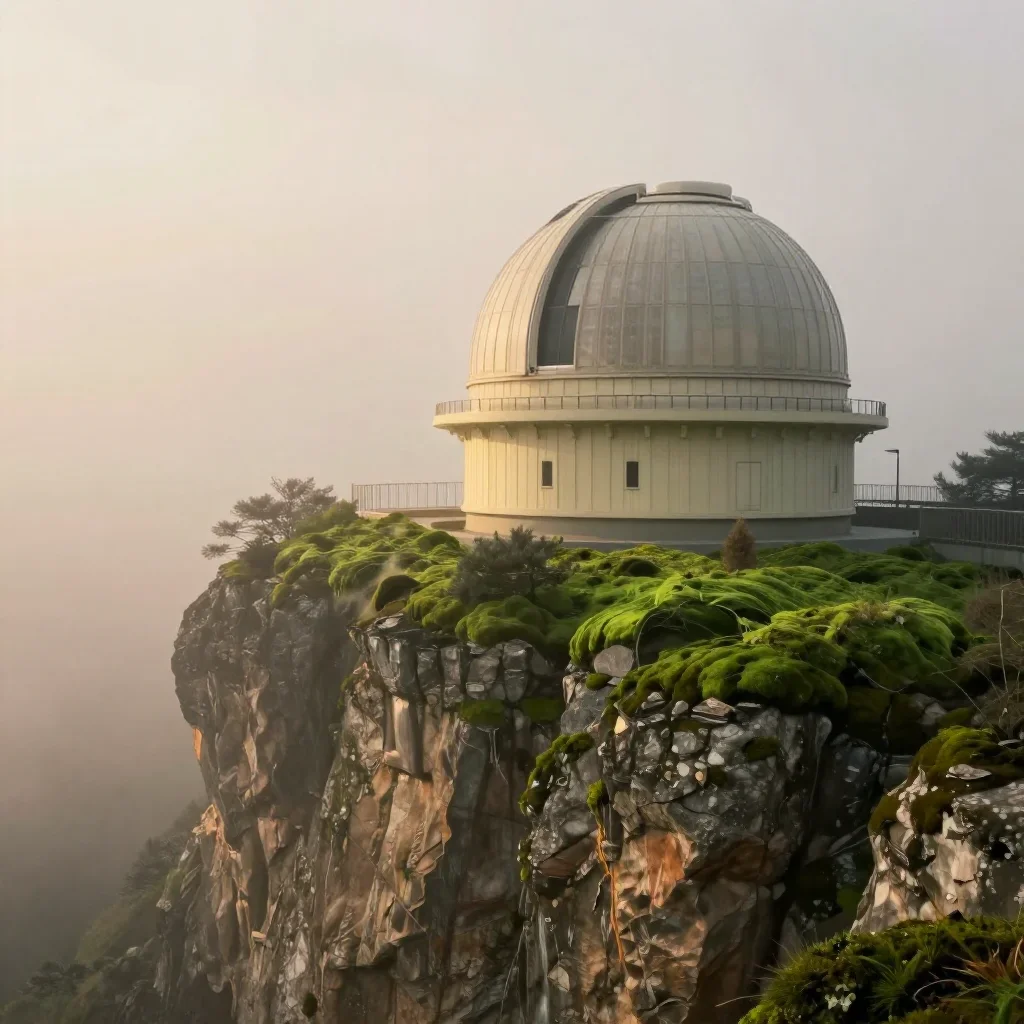 a cliffside observatory in early spring mist, cinematic architectural photography, soft volumetric light, moss green and
