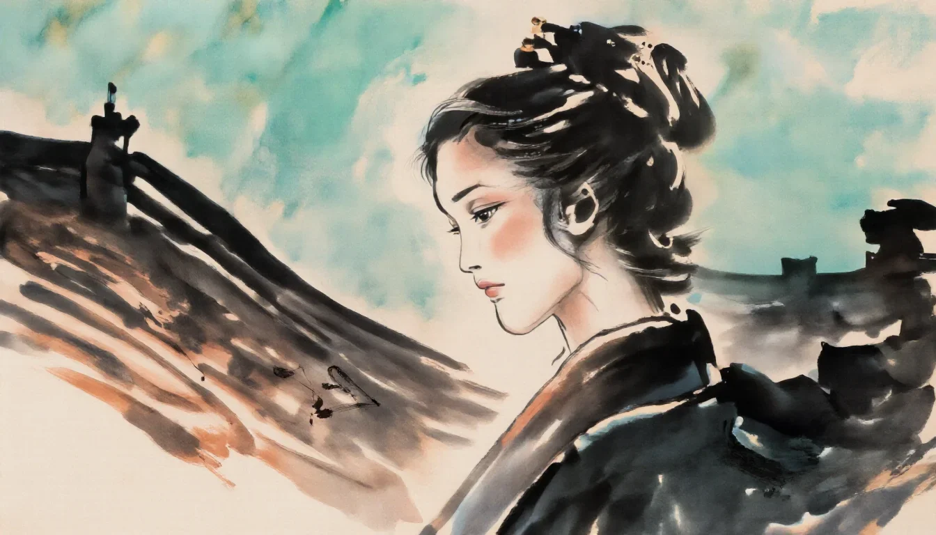 a spectral fox-spirit woman in an ink wash in a dramatic three-quarter profile, on a neon-lit rooftop at midnight, Natio