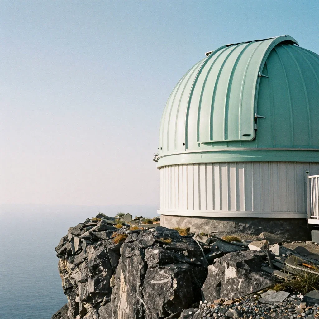 a cliffside observatory in crisp winter sunlight, soft-grain analog film photography, subtle film grain, jade and charco