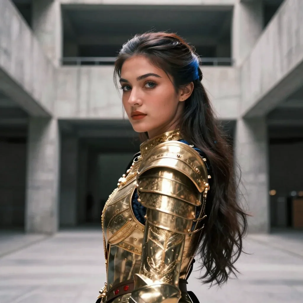 a warrior queen in ornate gilded armor in an alluring over-the-shoulder glance, in a brutalist concrete atrium, moody Fu