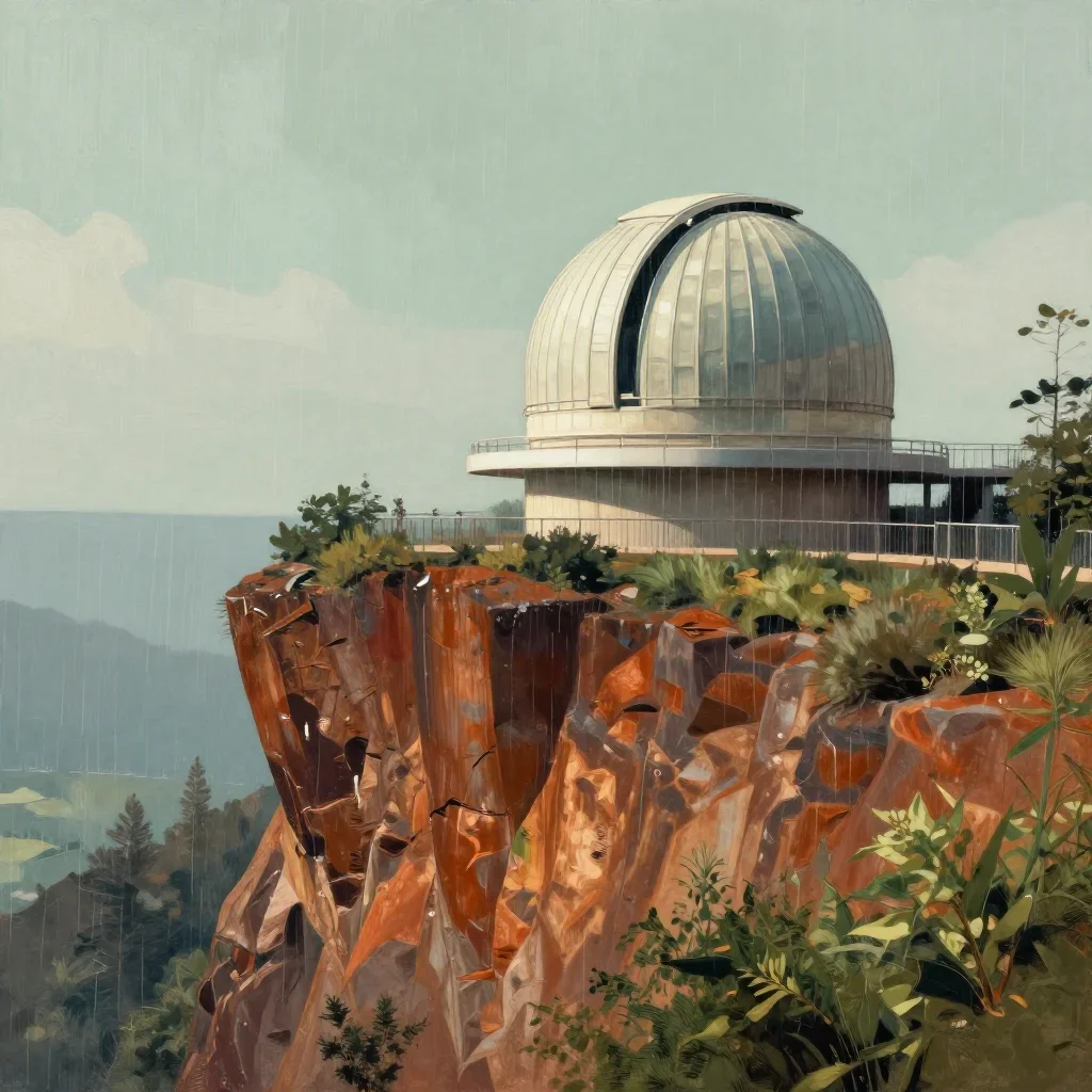 a cliffside observatory after warm summer rain, contemporary botanical illustration, restrained color harmony, rust and 