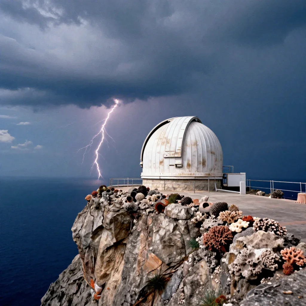 a cliffside observatory after a distant thunderstorm, soft-grain analog film photography, weathered tactile surfaces, co