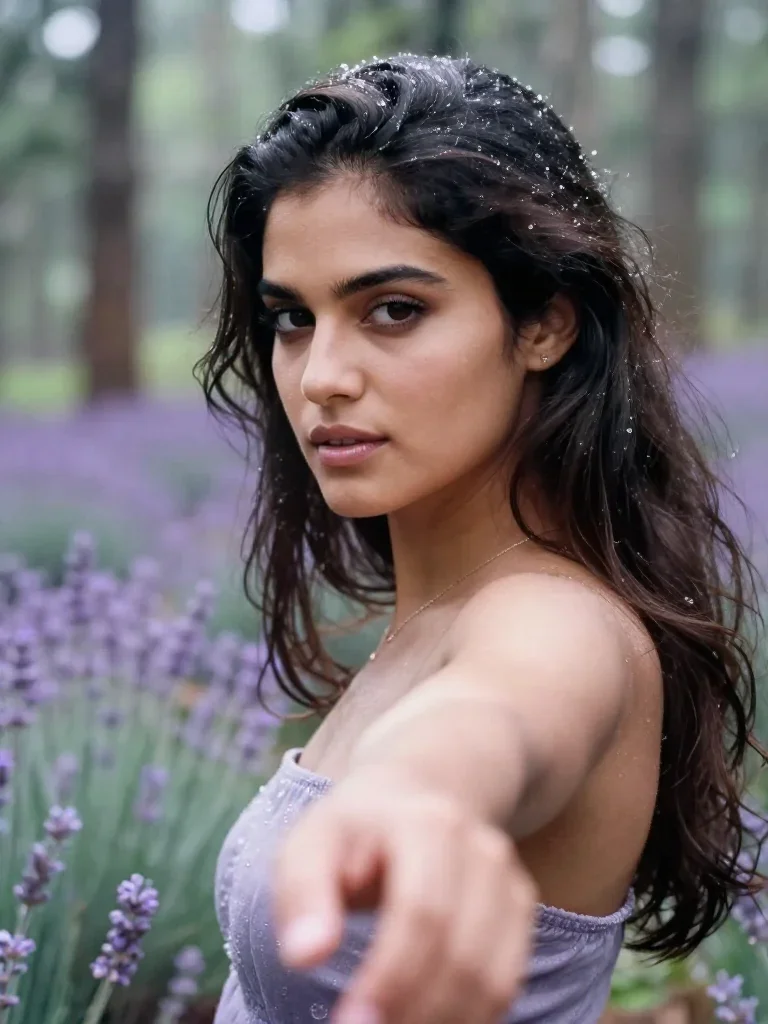 a striking woman with a smoldering over-the-shoulder gaze in a gentle reach toward the lens, in a dewy forest clearing,