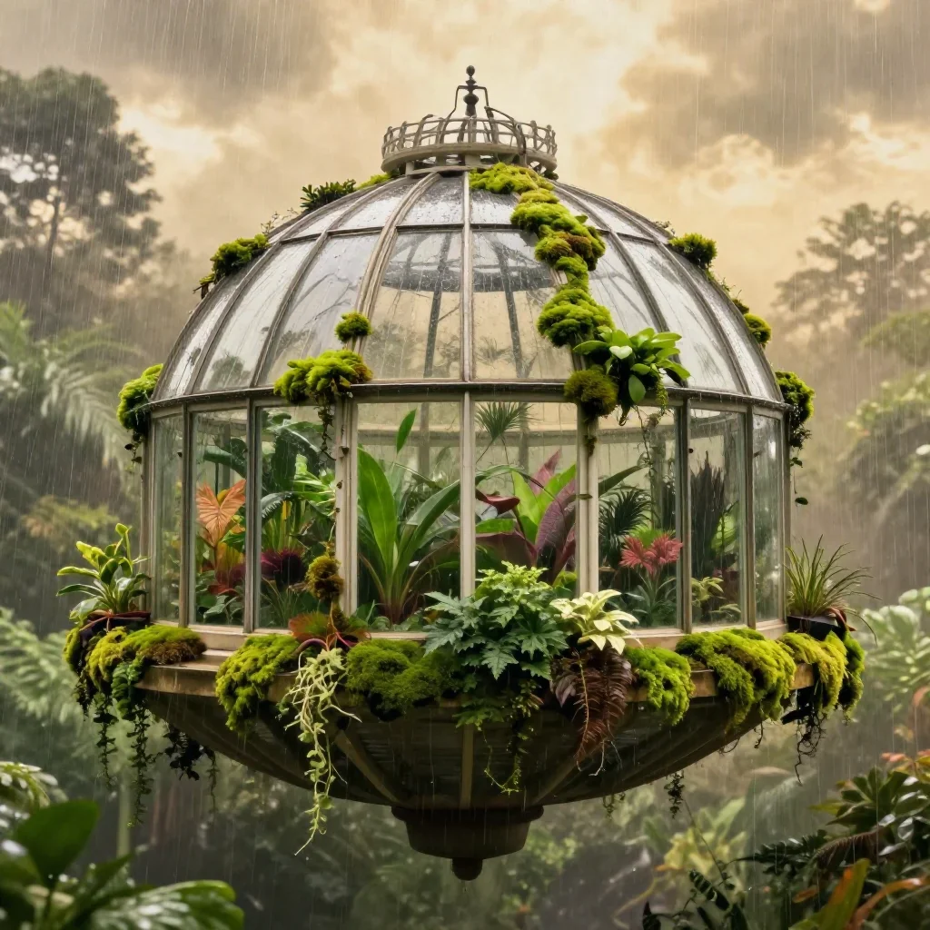a floating botanical conservatory after warm summer rain, dreamlike fine-art landscape photography, atmospheric depth, m