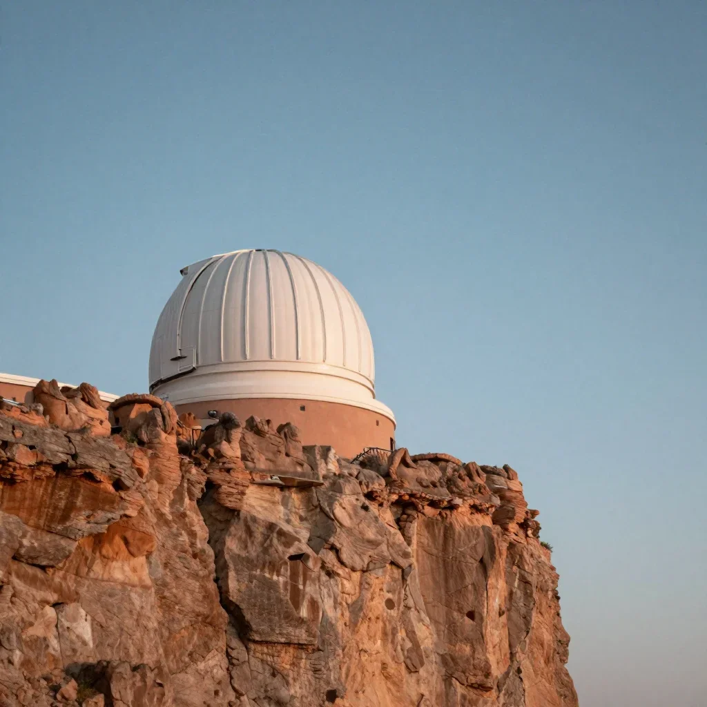 a cliffside observatory beneath a star-filled sky, refined editorial travel photography, clean natural textures, terraco