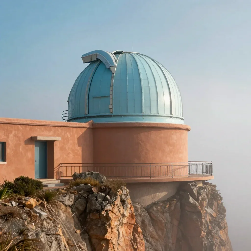 a cliffside observatory in early spring mist, cinematic architectural photography, careful geometric composition, terrac