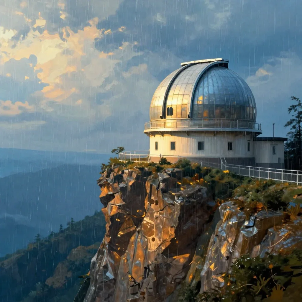 a cliffside observatory after warm summer rain, quiet science-fiction concept art, soft volumetric light, cobalt and amb