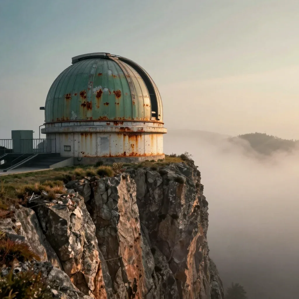 a cliffside observatory in early spring mist, dreamlike fine-art landscape photography, weathered tactile surfaces, rust