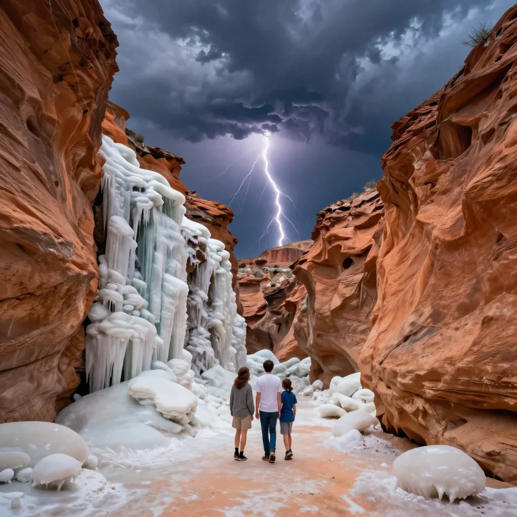 a frozen waterfall canyon after a distant thunderstorm, refined editorial travel photography, crisp material detail, och
