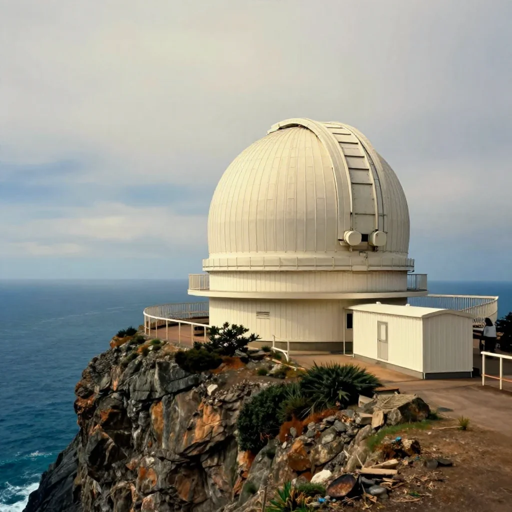 a cliffside observatory under overcast coastal light, museum-quality still-life photography, restrained color harmony, c