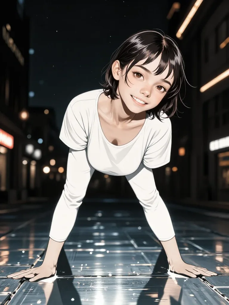 a streetwear influencer with wet-look hair in a graceful contrapposto pose, on a midnight dance floor, editorial glamour